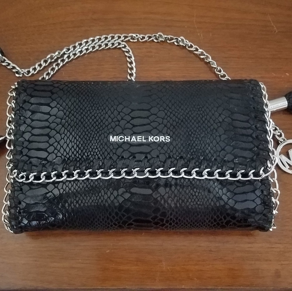 Kors Black Python Pattern Crossbody Silver Chain